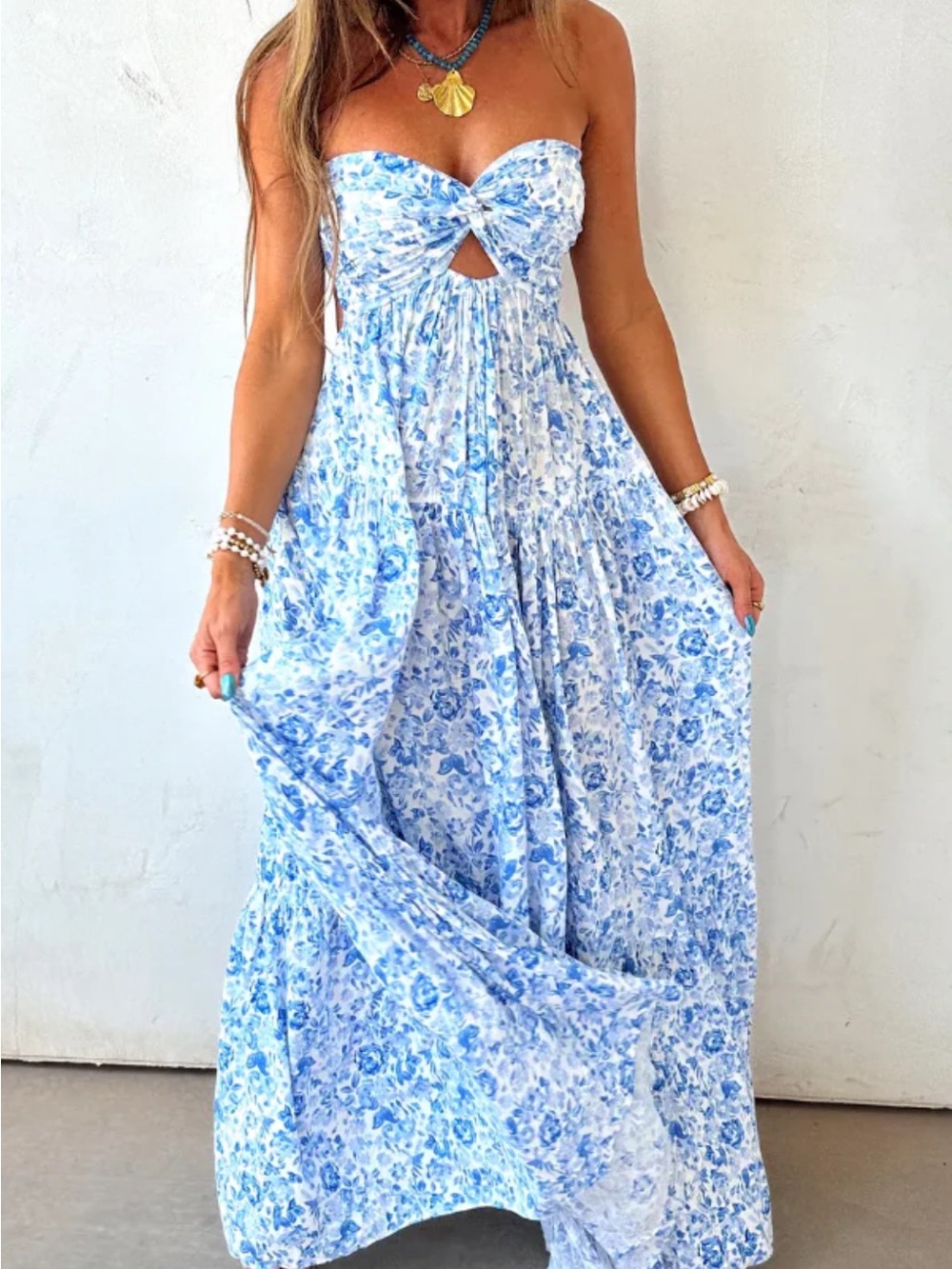 Strapless Blue Floral Maxi Dress - Lightweight Summer Style